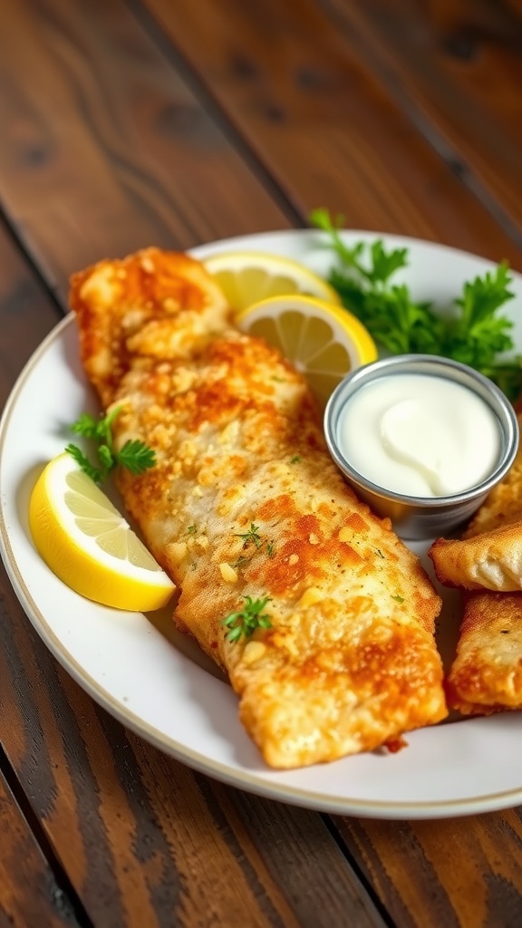 Crispy fried sea bass fillets with lemon wedges and tartar sauce on a rustic wooden table.